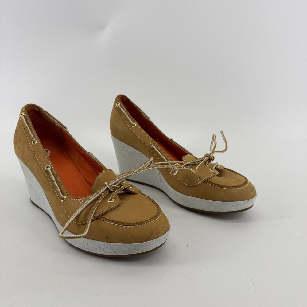 Timberland Shoes Womens Size 8 Tan Wedge Boat Pumps Nautical Preppy Chic